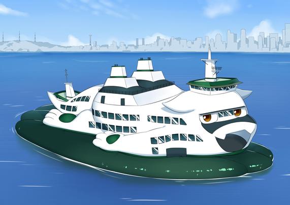 A very similar looking boat but anthropomorphized as a pig-like creature, with the car deck entrance being its mouth, the bridge wings ears, the front radar mast a hat, and the twin exhaust stacks buttocks. It's lying face down on a green pool floatie reminiscent of the green paint seen on the real boat just above the water line