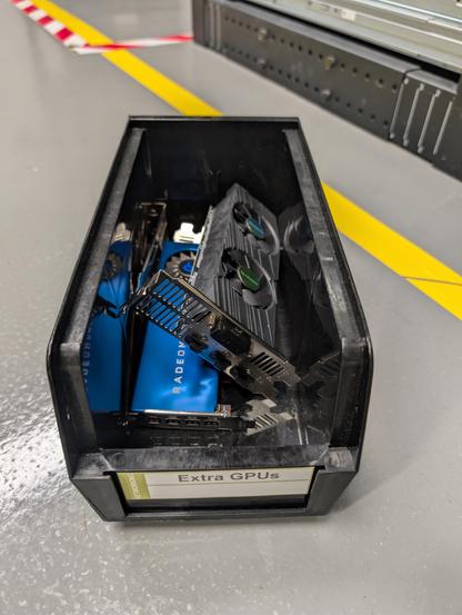 Esd bin labeled "extra GPUs" with a Radeon Pro WX 4100 and an nvidia GTX 1630 in it