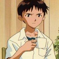 Evangelion image: annoyed Shinji holding a mug