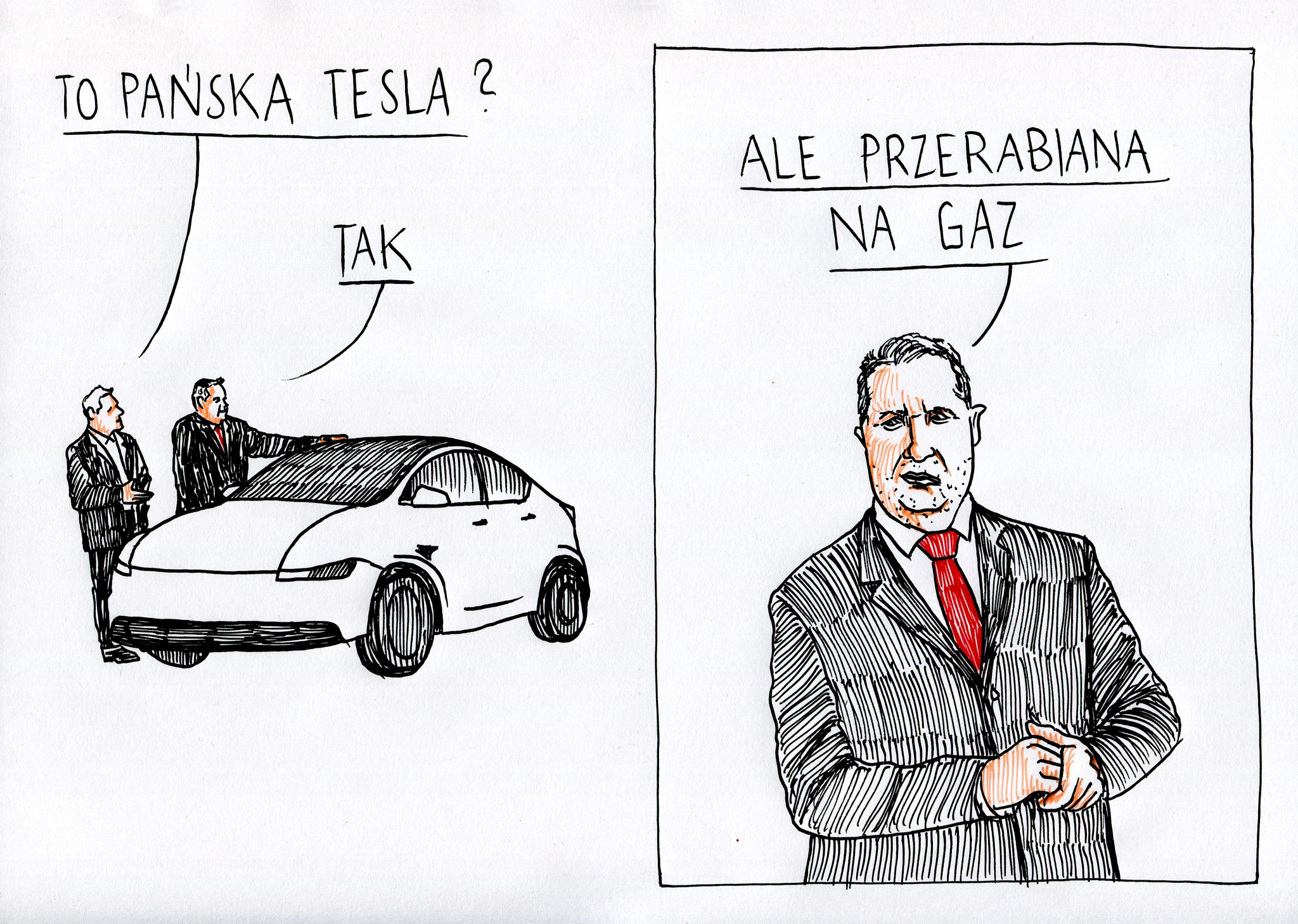 Komiks, w którym Czarnek spytany o to, czy to jego Tesla odpowiada - "tak, ale przerabiana na gaz".