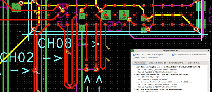 KiCAD layout + DRC view showing a ton of complaints about shorts and missing connections etc