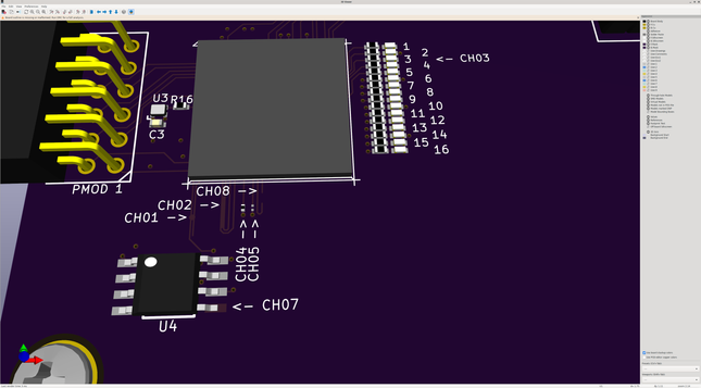 KiCAD layout view of a board with a bunch of obvious shorts, open circuits, missing soldermask apertures, etc
