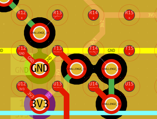 KiCAD layout view of a BGA fanout showing two missing dogbone traces