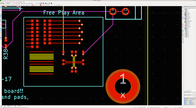 Overview of the entire "free play area" showing a bunch of fine pitch traces and 0402 footprints