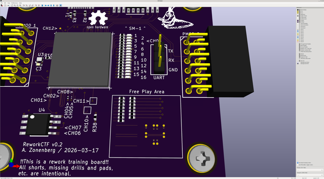 3D render of the board showing the random components off in one corner