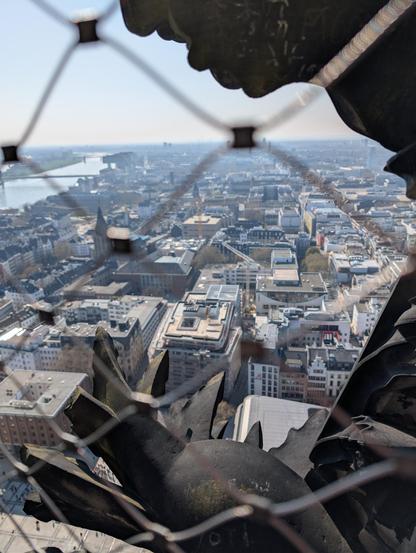 Photo of Köln seen from the top of the cathedral, slightly blurry because the camera tried to focus on one of the stone carvings in the corner of the image rather than the city. But there's two tower cranes in the distance, clearly lower than the viewpoint