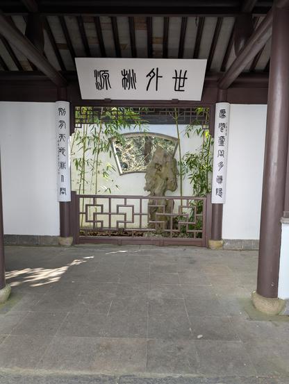 Bamboo growing in a small courtyard inside a Chinese styled building with Chinese lettering on either side. I can't read any of it