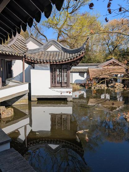 Decorative pond surrounded by Chinese styled buildings with a couple of fish swimming around