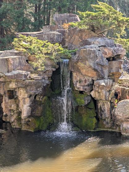 Small waterfall cascading over rocks into the pond