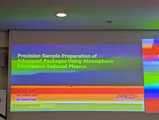 Projector screen showing a title slide for a talk titled "precision sample preparation of advanced packages using atmospheric microwave induced plasma"