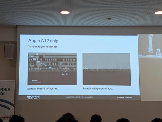 Slide showing cross section of Apple A12 deprocessed to the contact layer