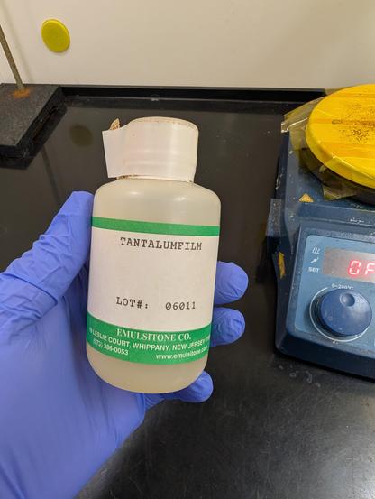 Polypropylene bottle labeled "tantalumfilm" from the now defunct Emulsitone company in Whippany  NJ