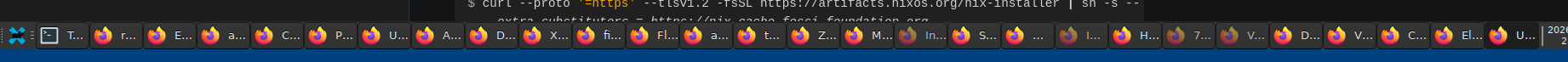taskbar showing 28 firefox windows each with way too many tabs