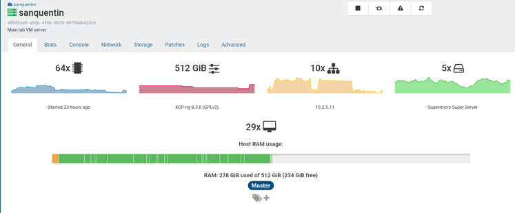 Management console showing 278 GB RAM used and 234 free on a VM server with 64 vCPUs and 512GB of RAM
