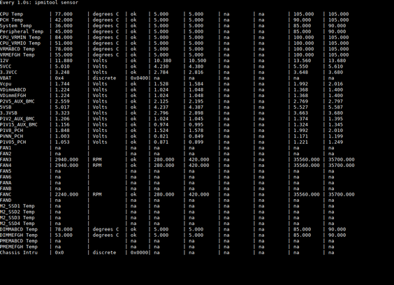 IPMI output showing temperatures at various points in the VM server