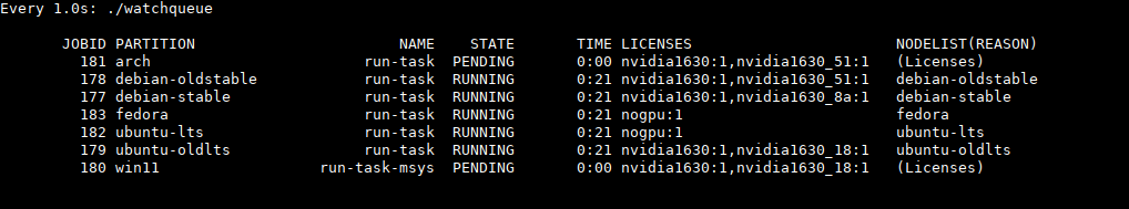 SLURM status display showing seven CI jobs in the queue