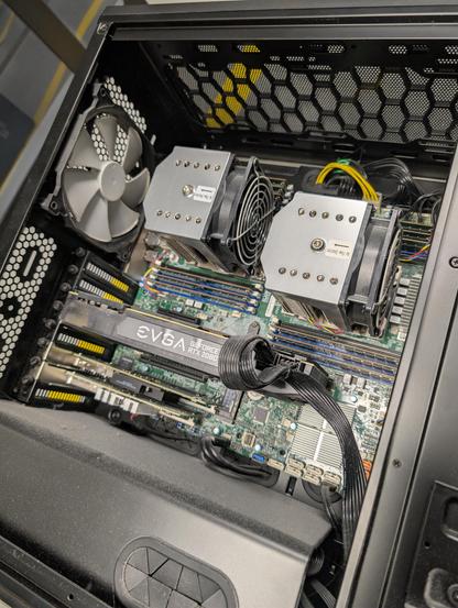 Inside of a large tower chassis with dual CPUs