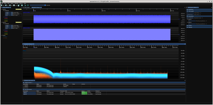 ngscopeclient displaying two time domain waveforms plus their FFTs
