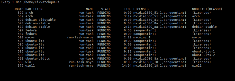 SLURM status display showing a bunch of pending build jobs