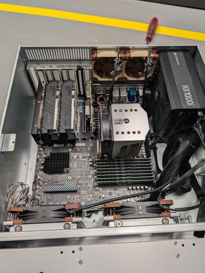Inside of a 4u server full of GPUs