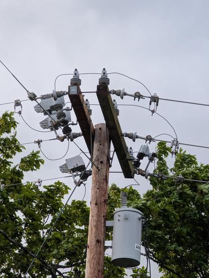 Utility pole with a single phase transformer and four cutout switches on it, all currently closed in.

The fuse cutout feeding the transformer is a standard one attached to a stirrup on the primary phase furthest from the camera.

The other three cutouts are fed from stirrups on the right side phases and drive the phases on the left side of the pole, but can be opened manually (or blow on overload) to isolate one side or the other in the event of a fault or for maintenance. These have larger gr…