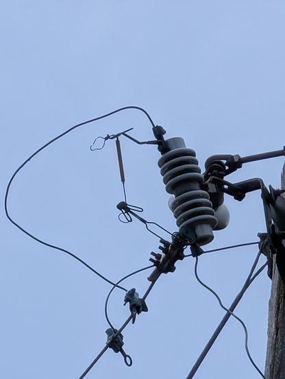 Insulator on top of a power pole that seems to have a fuse wire floating in the air without the usual protective shell and eye loop allowing replacement from the ground with a hot stick