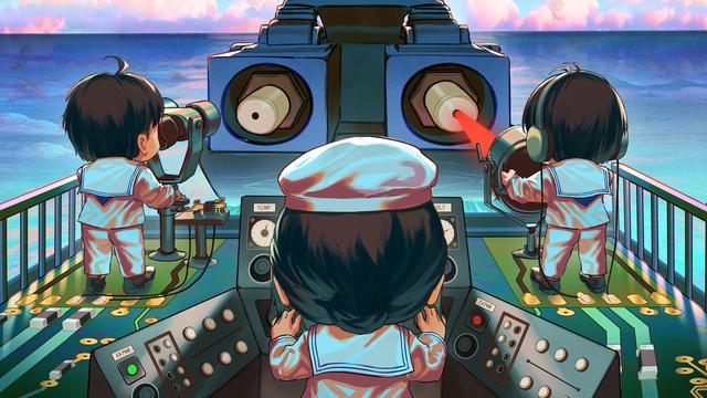 Slightly chibified manga-style drawing of three sailors on the bridge wing of a naval vessel, but the deck is an enormous circuit board. 

At the right side, an enlisted sailor is listening to a pair of headphones connected to the transmit differential pair while operating a signal flasher to send a red laser beam towards the right side fiber aperture of a massive LC connector taking up the entire stern of a nearby vessel.

At the left side, another enlisted sailor is looking into a pair of "bi…