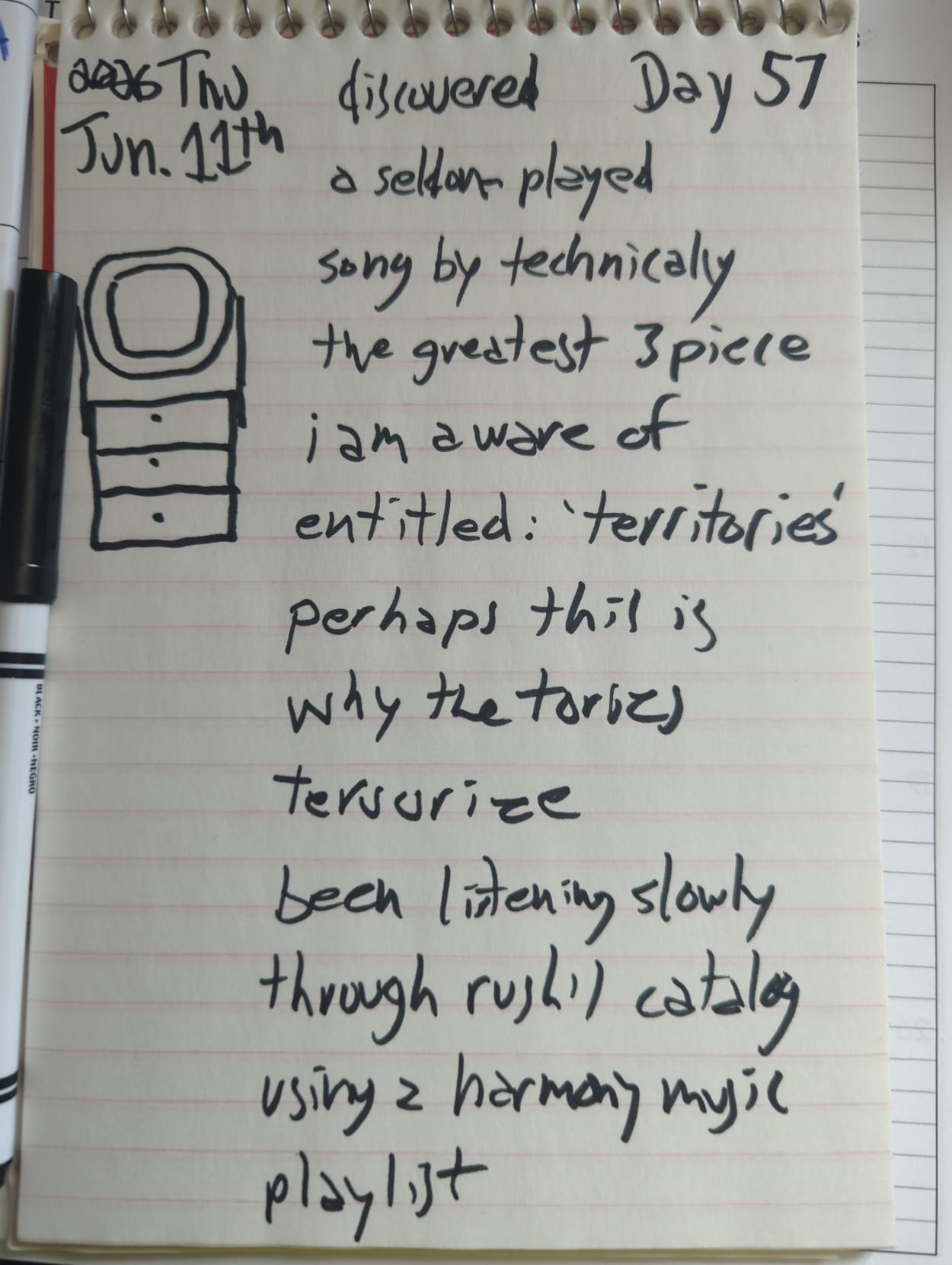 (antique tv sketch)

discovered a seldom played song by technically the freatest 3 piece i am aware of entitled: 'territories'

perhaps this is why the tories terrorize 

been listening slowly through rush's catalog using a harmony music playlist