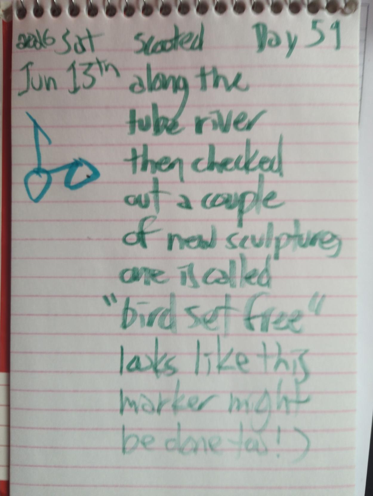 (escooter sketch)

scooted along the tube river then checked out a couple of new sculptures

one is called "bird set free"

looks like this marker might be done too! )