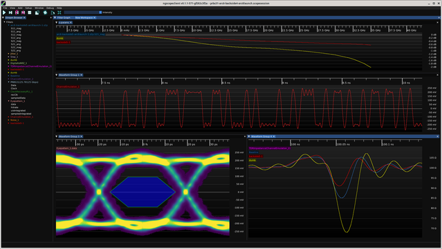 ngscopeclient TDR plot showing the original layout dipping to 68 ohms at the via while the optimized only hits 91