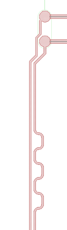 BGA fanout of a diffpair coming off a pair of vertically stacked BGA lands so the trace running to the upper one is longer than the lower until a bunch of meanders straighten them back out