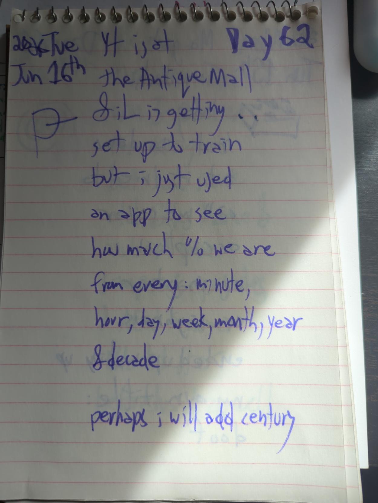 (progress bars logo sketch)

Yt is at the Antique Mall & iL is getting set up to train

but i just used an app to see how much % we are from every:
minute,
hour,
day,
week,
month,
year,
& decade

perhaps i will add century