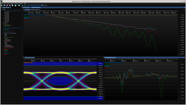 ngscopeclient screenshot showing three insertion loss plots and three TDR traces

The no-cutouts version (green) has massive ripples in the S21 plot from reflections reaching almost -8 dB at 35 GHz and huge corresponding dips in the TDR response, down to almost 80 ohms at the BGA launch and 72 at the ARF6.

The old-fanout version is significantly improved, with the BGA launch dip down to 90 ohms and almost no dip at the ARF6, but has a wide jump to around 112 ohms in the escape routing area whe…