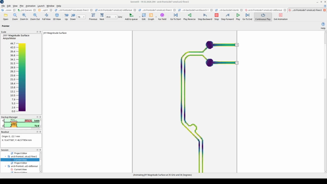 Sonnet EM solver animated current density view showing a differential pair.

The wavefronts in both halves of the pair leaves the BGA balls aligned but as the traces curve around corners, the outer path is slightly longer so the signal is delayed relative to the inner leg. A meandering trace then adds an equivalent path delay to the other leg bringing them back into alignment