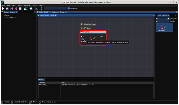 ngscopeclient filter graph view showing the mouse hovering over an input that says it wants an analog scalar connected