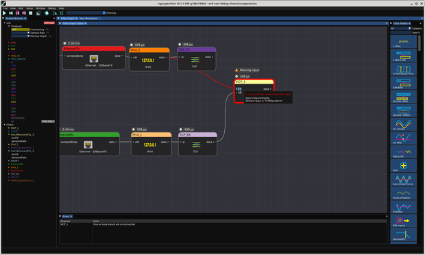 screenshot of ngscopeclient with the filter graph editor rejecting an attempt to connect an IPv4 protocol decode stream to the input of the VICP decoder, which expects a TCP waveform