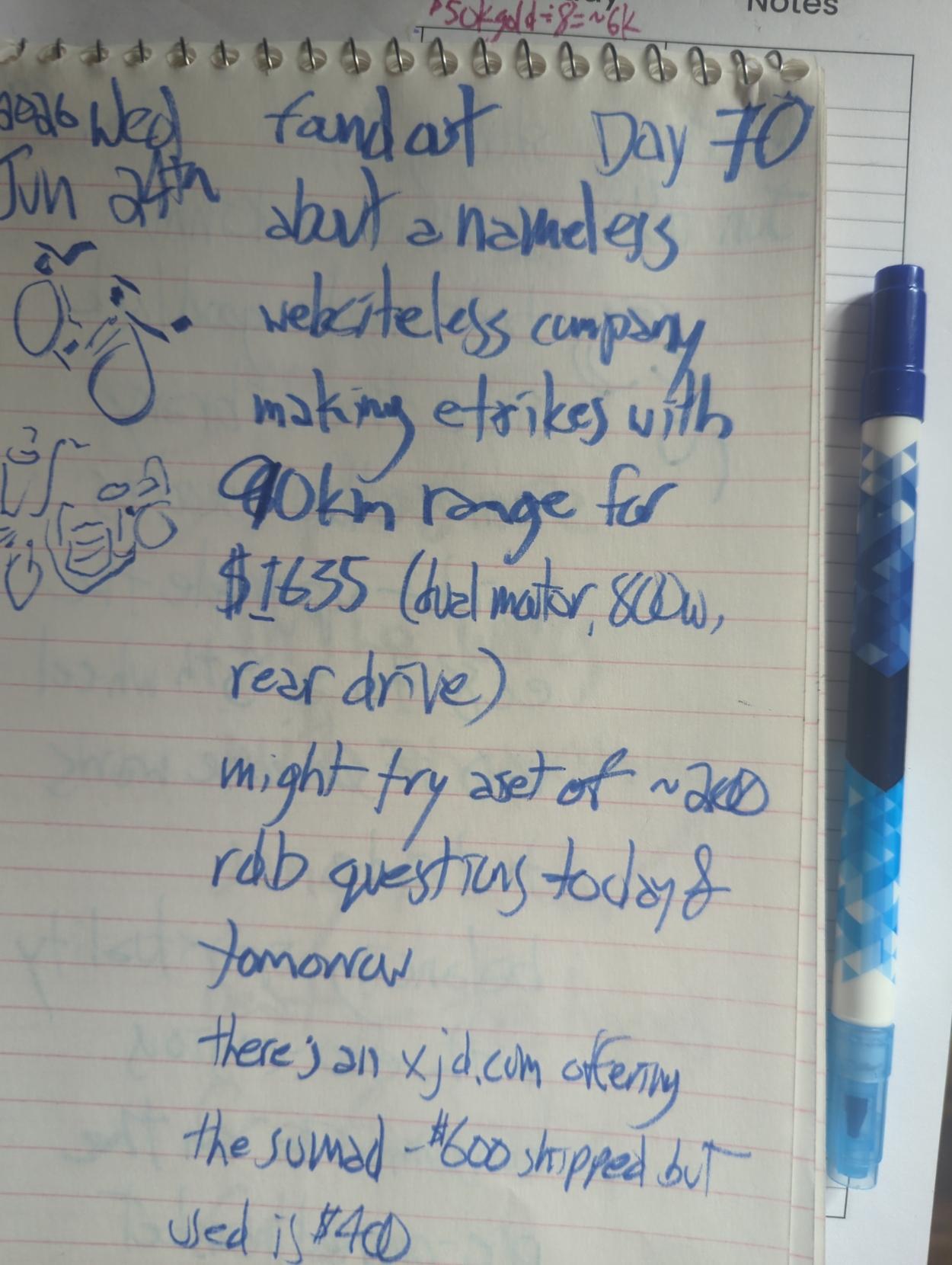 (sumad ebike & nameless etrike sketch)

found out about a nameless websiteless company making etrikes with 90km range for $1635 (dual motor, 800W, rear drive)

might try a set of ~200 rdb questions today & tomorrow

there's an xjd.com offering the sumad - $600 shipped but used is $400