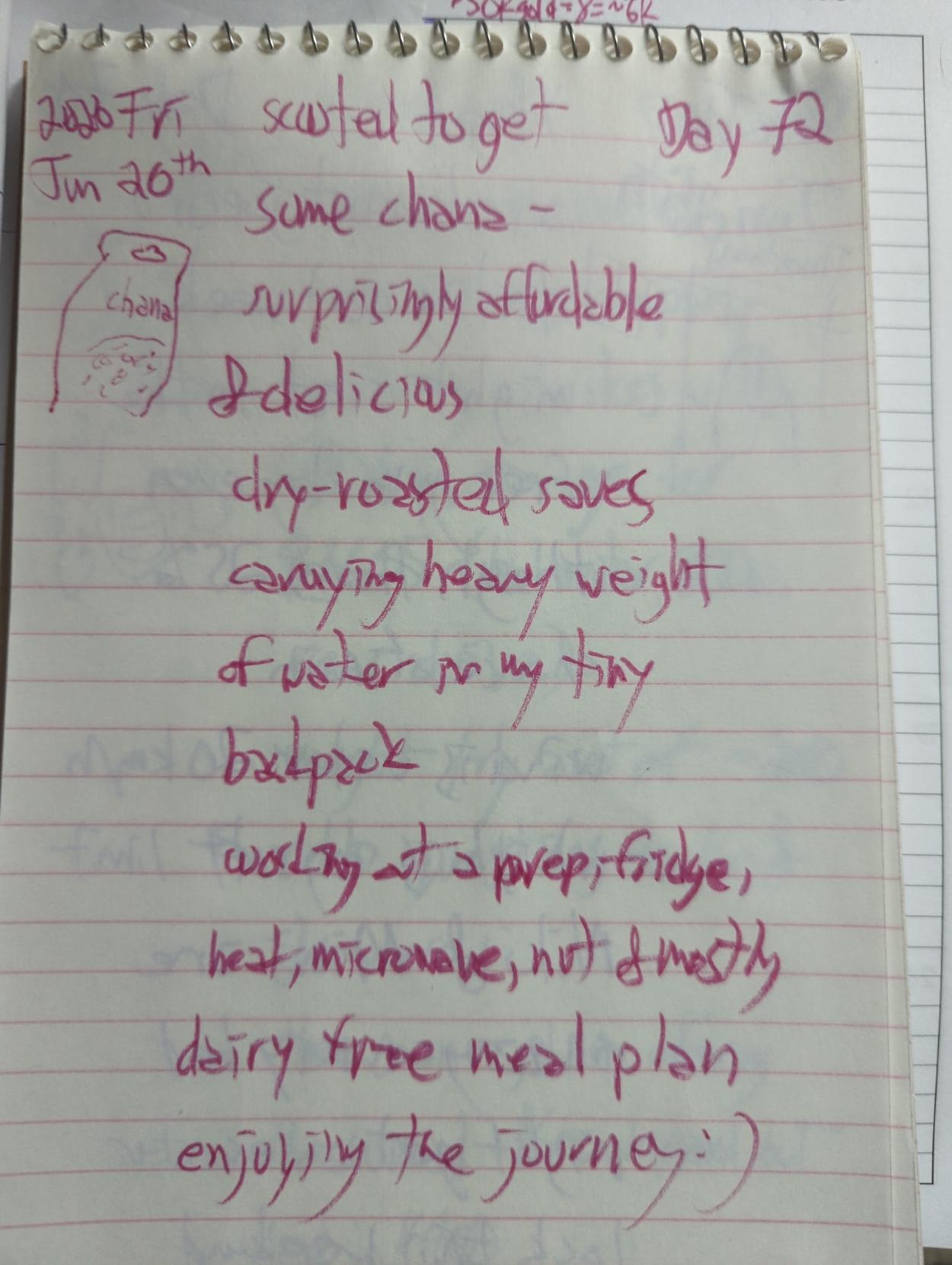 (chickpea sketch)

scooted to get some chana -

surprisingly affordable & delicious

dyr-roasted saves carrying heavy weight of water in my tiny backpack

working out a prep, fridge, heat, microwave, nut & mostly dairy free meal plan 

enjoying the journey: )