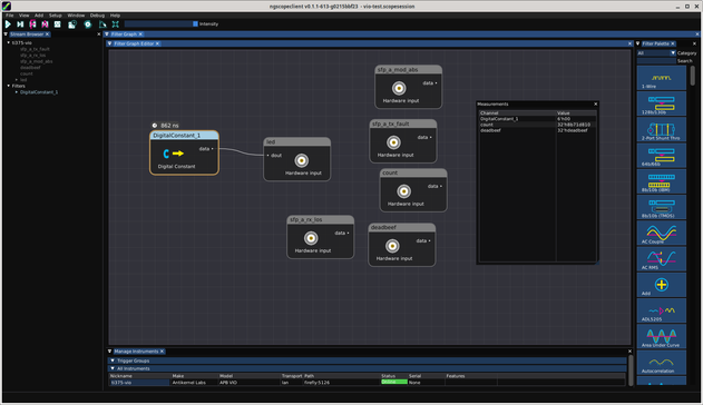 ngscopeclient showing a bunch of filter graph blocks representing internal signals on the FPGA