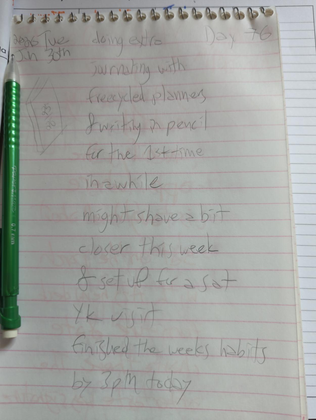 (planner sketch)

doing extra jounaling with freecycled planners

& writing in pencil for the 1st time

in a while

might shave a bit closer this week

& set up for a sat Yk visit

finished the week's habits

by 3pm today