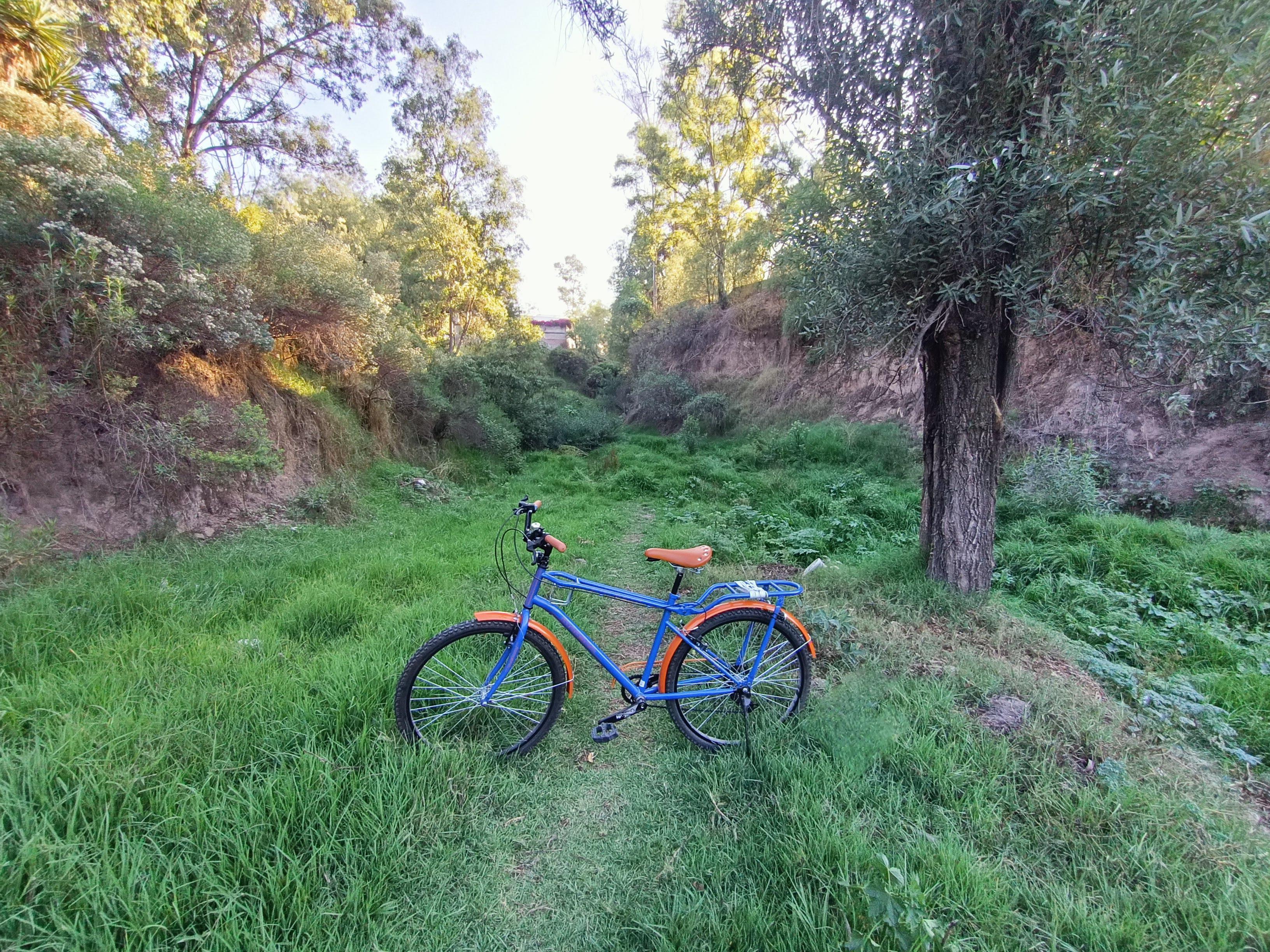 a photo of my blue bicycle in the middle of a ravine