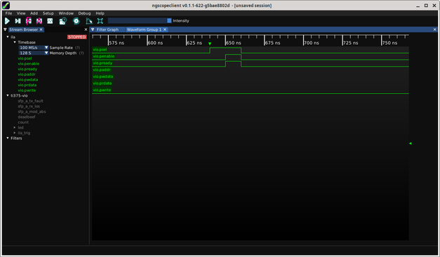 Screenshot of ngscopeclient displaying all of the 1-bit control signals from an APB bus but without any of the vectors visible