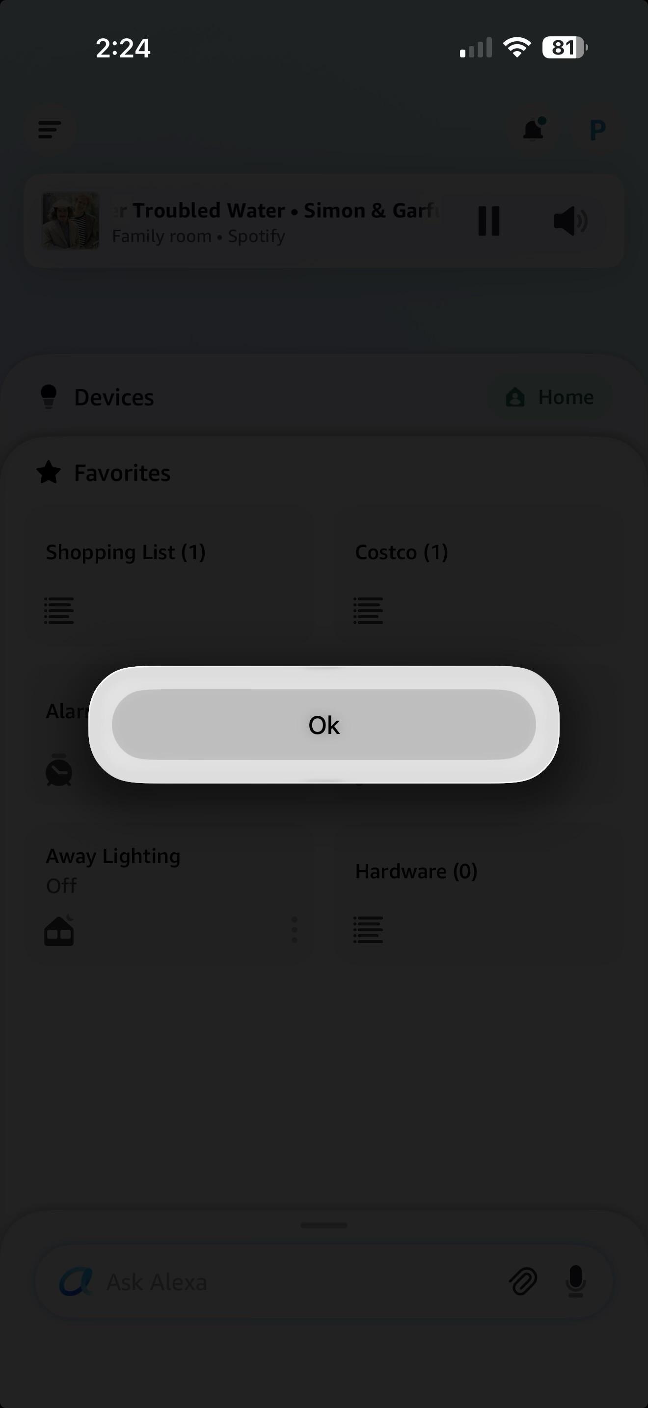 A screenshot of the Alexa app, which has changed to display a black screen with a large white button that says “Ok”

Clicking the button does nothing.
