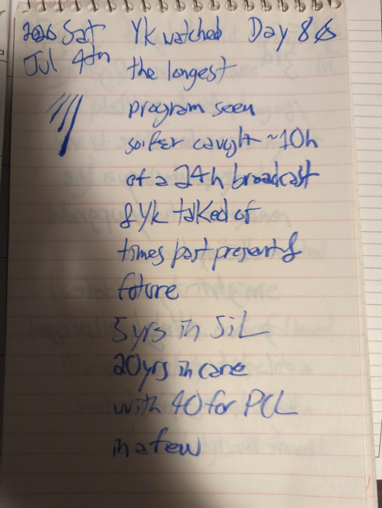 (fire work aimed at a drone sketch)

Yk watched the longest program seen so far

caught ~10h of a 24h broadcast

&Yk talked of times past present & future

5yrs in SiL

20yrs in care

with 40 for PCL in a few