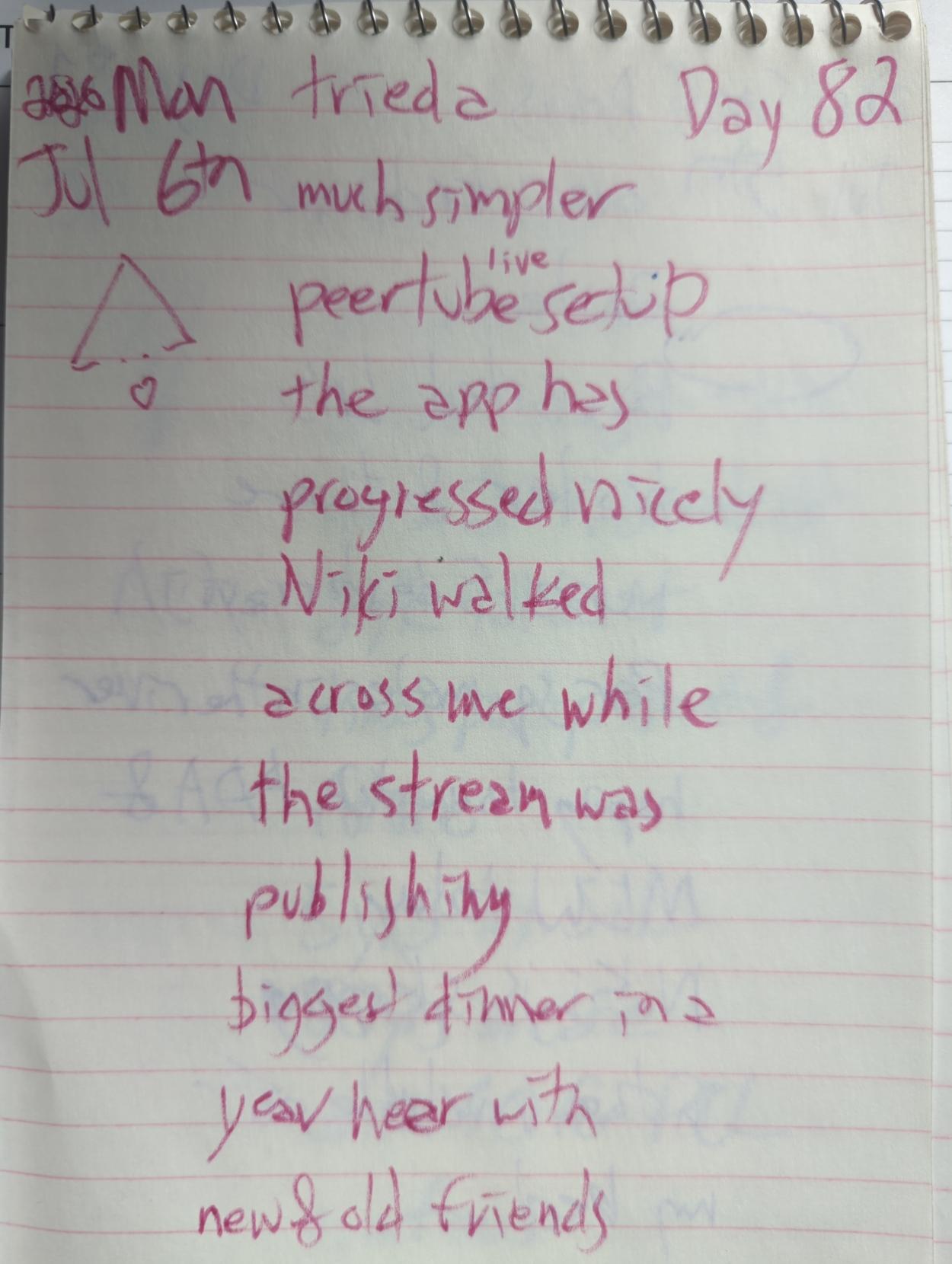 (peer tube octo sketch)

tried a much simpler peertube live serup 

the app has progressed nicely

Niki walked across me while the stream was publishing

biggest dinner in a year with new & old friends