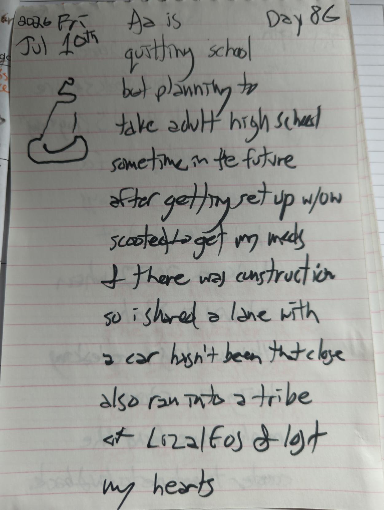(PiLON sketch)

Aa is quitting school but planning to take adult high school sometime in the future 

after setting up w/ow

scooted to get my meds & there was construction so i shared a lane with a car

hasn't been that close

also ran into a tribe of Lizalfos 

& lost my hearts