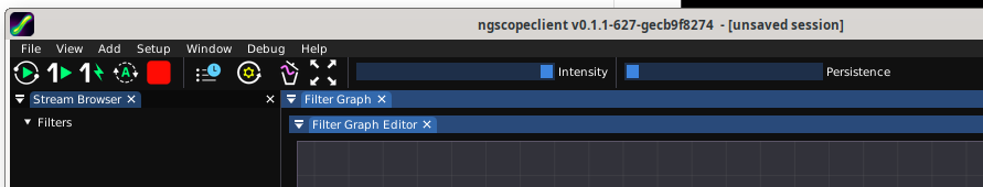 ngscopeclient toolbar. All of the trigger group icons are now green and white with distinct colors and shapes - a circle with arrows to denote repeating triggers, a 1 for single shot, a lightning bolt for forced trigger