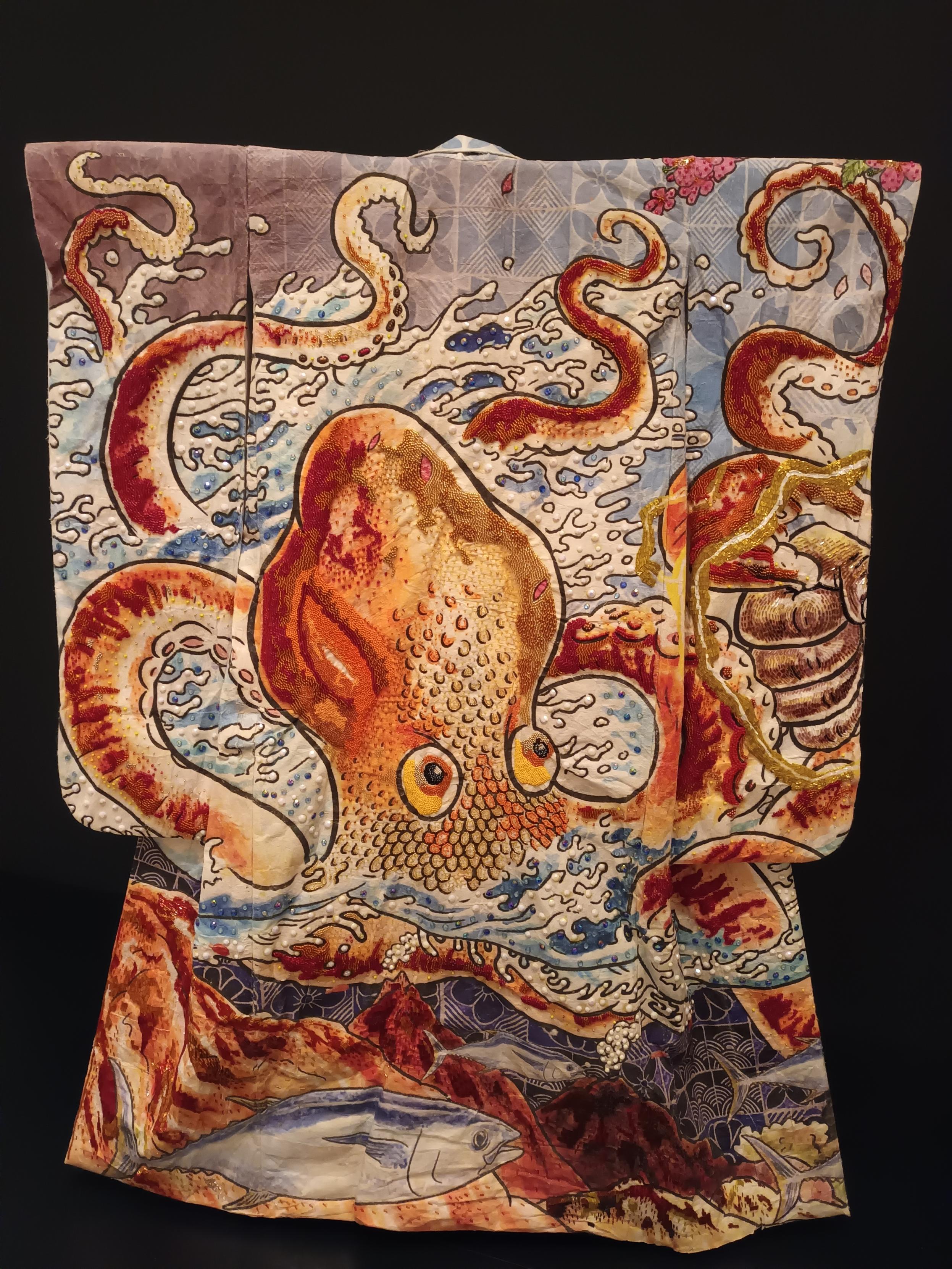 Kimono decorated with octopus image , reminiscent of Japanese woodcuts from 1700s and 1800s