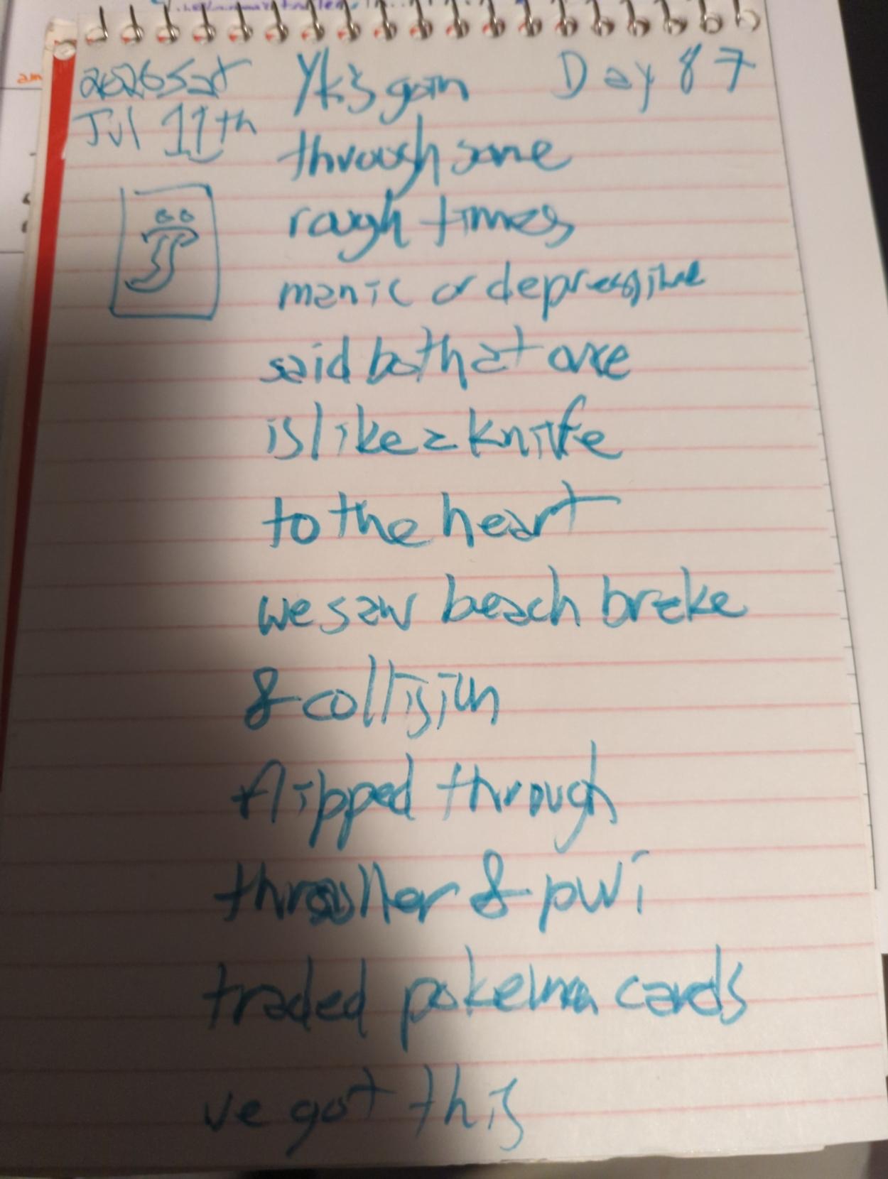 (gengar sketch)

Yk's goin through some rough times

manic or depressive

said both at once is like a knife

to the heart

we saw beach brake 

& collision

flipped through thrasher & pwi

traded pokemon cards

we got this