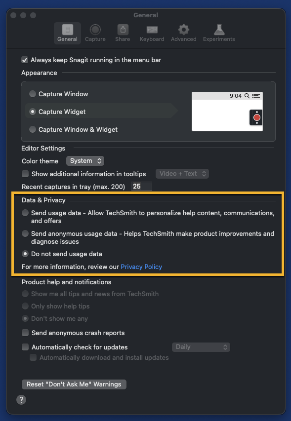 Screenshot of settings in SnagIt showing Data & Privacy setting: Do not send any usage data.